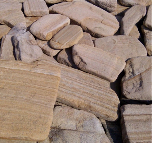 Kamenclub.ru: Песчаник пластушка галтованный желтый с рисунком (3 см)  купить в Махачкале плитняк - пластушка желтый песчаник 21000 руб/м3   фото КАМЕНЬ КЛУБ