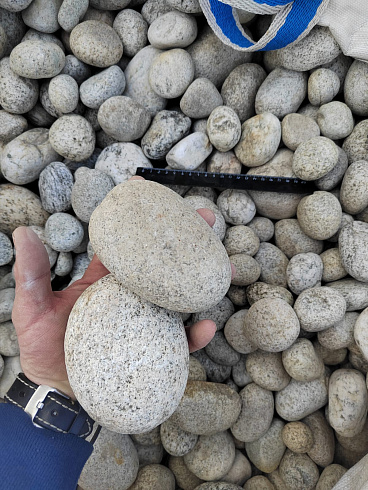 Kamenclub.ru: Галька речная окат (серо-белая) фр. 70-120 мм купить  в Махачкале галька галечник бело-серая, серо-белая, серая, белая речная природная галька  8000 руб/т   фото КАМЕНЬ КЛУБ