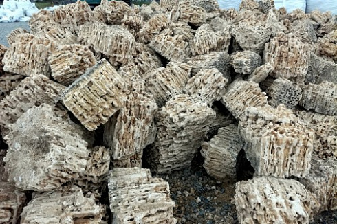 Kamenclub.ru: Крымский природный меотис фр. 100-500 мм.  купить в Махачкале меотис бежевый рыжий молочный желтый ракушечник 4 500 руб/т   фото КАМЕНЬ КЛУБ