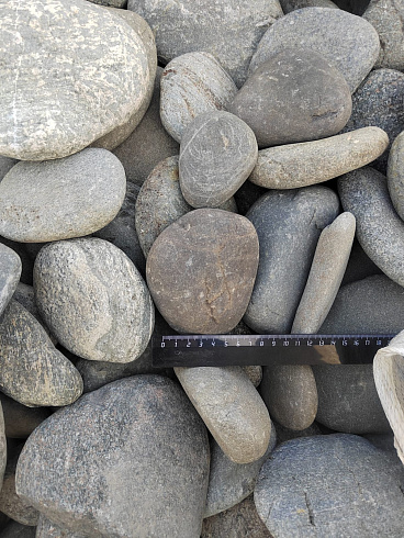 Kamenclub.ru: Галька речная плоская (ассорти) фр. 70-150 мм. купить  в Махачкале галька галечник серый белый темно-серый синий светло-серый плоская природная галька  9000 руб/т   фото КАМЕНЬ КЛУБ